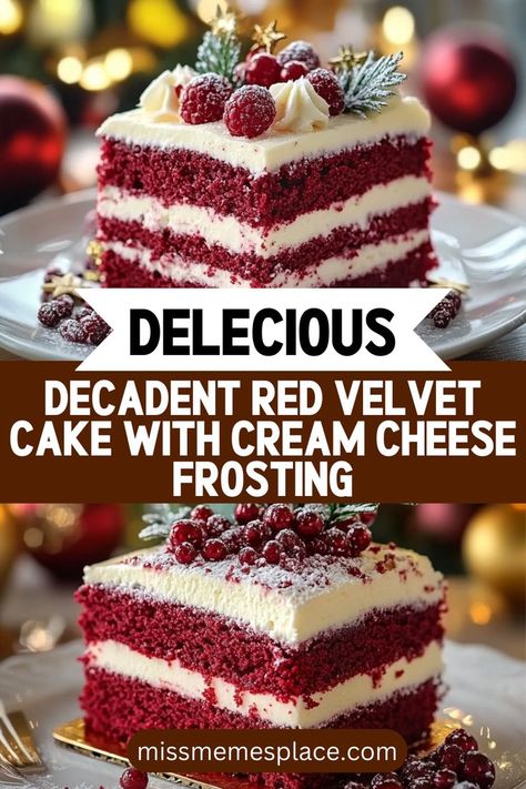 Dive into decadence with this Decadent Red Velvet Cake with Cream Cheese Frosting, a must-have for your holiday dessert table. This recipe offers a harmonious blend of flavors and textures, with a moist cake layered and topped with rich cream cheese frosting that adds a delightful tang. Perfect for special occasions, this cake is not just a treat for the taste buds but also a feast for the eyes. Get ready to bring joy and sweetness to your holiday festivities with this unforgettable dessert! Red Velvet Cake With Filling, Cream Cheese Frosting For Red Velvet Cake, Red Velvet Treats, Red Velvet Cake Filling Ideas, Festive Christmas Desserts, Red Velvet Dessert Ideas, Red Velvet Christmas Cake, Christmas Cake Easy, Easy Christmas Cake