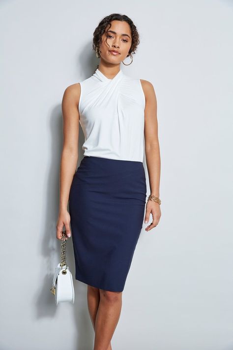 [PaidAd] This Figure-Flattering Midi Pencil Skirt Is Made From A Seasonless Wool Blend And Comes In Two Color Ways: Navy And Black. #pencilskirtoutfitsforwork White Blouse Designs, Navy Blue Pencil Skirt, Navy Pencil Skirt, Business Skirt, Pencil Skirt Outfits, Knee Length Skirt Pencil, Paneled Skirt, Summer Work Outfits, Professional Attire