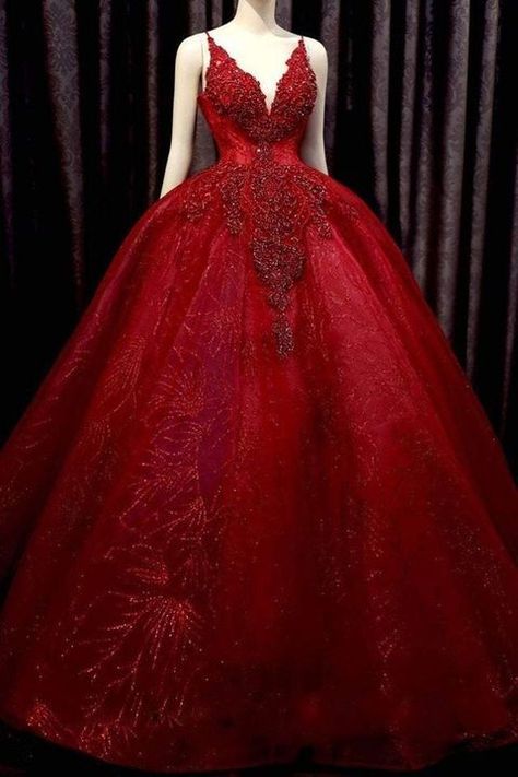 V Neck Ball Gown, Wedding Dress With Bow, Red Quinceanera Dresses, Bow Wedding Dress, Tulle Sleeves, Red Sparkle, Bow Back, Ball Gowns Prom, Quince Dresses