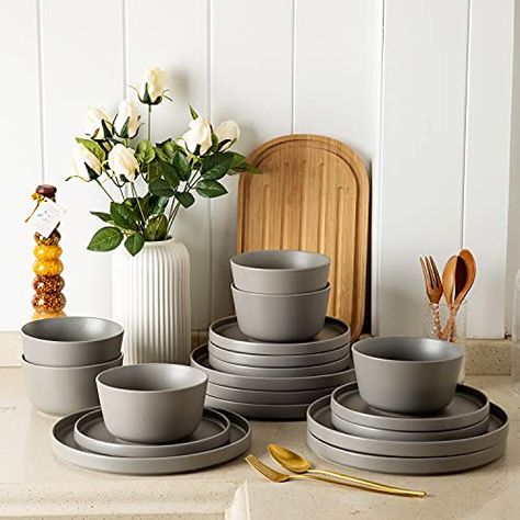 AmorArc Ceramic Dinnerware Sets of 4, Modern Flat Stoneware Plates and Bowls Sets,Chip and Crack Resistant | Dishwasher & Microwave Safe Dishes Set,Scratch Resistant- Service for 4 (12pc)-Matte Gray Flatware Design, Ceramic Dinner Set, Stoneware Plates, Plates And Bowls Set, Ceramic Dinnerware Set, Stoneware Dinnerware Sets, Soup Bowl Set, Kitchen Bowls, Cooking Utensils Set