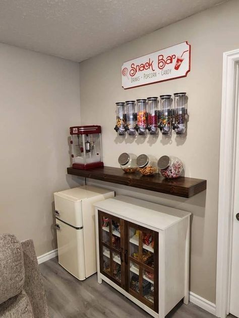 Snack Bar For Basement, Snack Bar For Game Room, Snack Bar Room Ideas, Cute Snack Bar Ideas, Movie Snack Bar Ideas, Family Room Snack Bar, Living Room Snack Bar, Salon Suite Snack Bar, Basement Ideas Movie Room