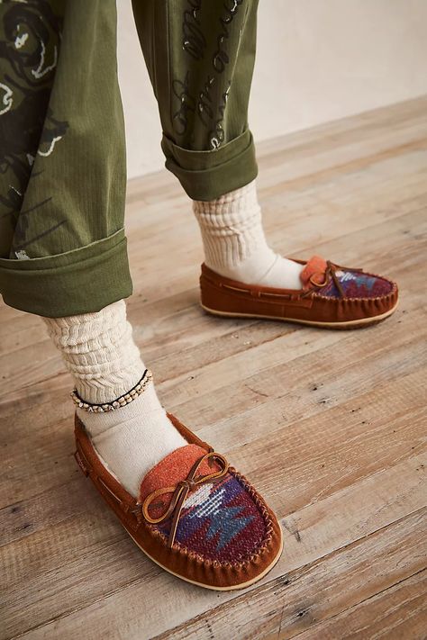 Minnetonka Tilia Moccasin Slippers | Free People Minnetonka Moccasins Outfit, Native Moccasins, Moccasins Outfit, Cozy Luxury, Shoes Boots Heels, Best Slippers, Minnetonka Moccasins, Moccasin Slippers, Heels Sneakers