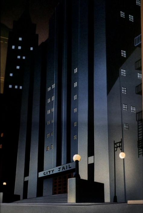 Backgrounds from BATMAN: THE ANIMATED SERIES (1992). Batman Art Drawing, Art Deco City, Batman Backgrounds, Dark Deco, Bg Design, Graphisches Design, Univers Dc, Cartoon Artwork, Batman Artwork