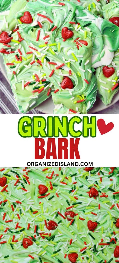 Grinch Christmas Candy, Grinch Candy Ideas, Grinch Poop Recipe, Easy Grinch Recipes, Grinch Holiday Treats, How To Make Bark Candy, Holiday Bark Ideas, Vegan Christmas Bark, Grinch Christmas Bark