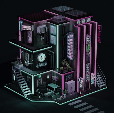 Cyberpunk House, Cyberpunk Apartment, Cyberpunk Interior, Cyberpunk Building, San Myshuno, Planet Coaster, Minecraft House Plans, Cyberpunk Clothes, Rave Gear