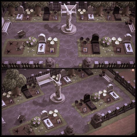 Gothic Acnh House, Acnh Graveyard Ideas, Acnh Goth Museum, Acnh Goth Interior, Victorian Animal Crossing Island, Acnh Graveyard Designs, Acnh Island Designs Dark, Animal Crossing Cemetery Ideas, Victorian Acnh Island