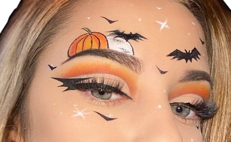 Pumpkin Themed Makeup, Pretty Pumpkin Makeup Halloween, Simple Pumpkin Makeup Halloween, Halloween Makeup Eye Looks, Halloween Eye Makeup For Work, Pumpkin Eye Makeup Halloween, Yellow Halloween Makeup, Pumpkin Eyeshadow Looks, Pumpkin Makeup Ideas Easy