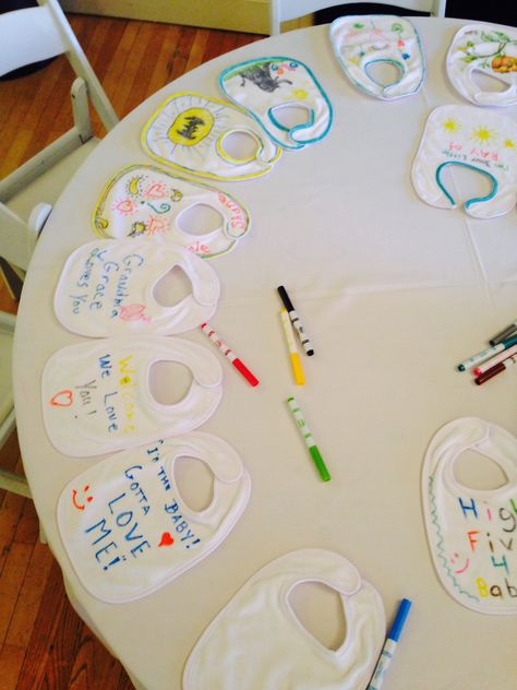 Great baby shower activity! Have guest write or create pictures for the baby to be on bibs. Bib Decorating Station, Baby Birthday Party Activities, Creative Gifts With Baby Bibs, Abc Book Baby Shower Activity, Cheap Customizable Bib For Gifts, Customizable White Bib For Babies, Personalized Bibs, Create Picture, Birthday Activities