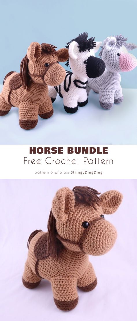 horse bundle crochet pattern Crocheted Stuffed Animals, Crochet Pony, Crochet Horse, Crochet Toys Free, Crochet Humor, Crochet Baby Toys, Crochet Animals Free Patterns, Horse Pattern, Crochet Amigurumi Free