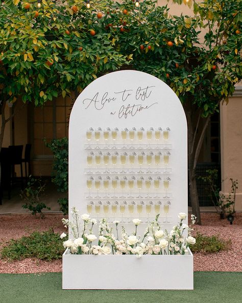 Champagne Before Ceremony, Welcome Champagne Wall, Diy Wedding Champagne Wall, Wedding Welcome Champagne, Champagne Welcome Wall, Floral Champagne Wall, Champagne Board Wedding, Champagne Seating Chart Wall, Champagne Welcome Drink