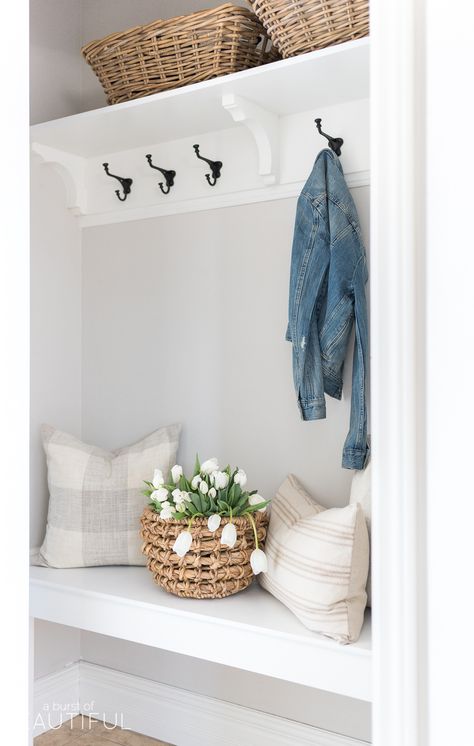 Mudroom Bench Decor, Porch Ideas Entrance Interior, Remove Closet, Small Coat Closet, Functional Mudroom, Garage Entrance, Room Bench, Farmhouse Side Table, Coat Closet