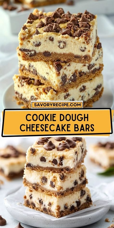 Want to elevate your dessert game? These Cookie Dough Cheesecake Bars are a mouthwatering mix of flavors and textures that will satisfy any sweet tooth. Make sure to save this recipe so you can whip up these delightful dessert bars whenever the craving strikes! Cookie Dough Cheesecake Bars, Chocolate Chip Cookie Dough Bars, Cookie Dough Desserts, Desserts To Bake, Easy Cookie Dough, Cookie Dough Cheesecake, No Bake Cookie Dough, Rich Cheesecake, Brown Butter Cookies