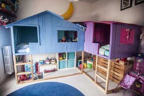 Charming elevated playhouses, with stuff storage underneath. Perhaps for grandchildren.... Ikea Bunk Bed Hack, Bunk Bed Hacks, Cama Ikea Kura, Diy Treehouse, Kura Bed Hack, Ikea Bunk Bed, Ikea Bed Hack, Cama Ikea, Mommo Design