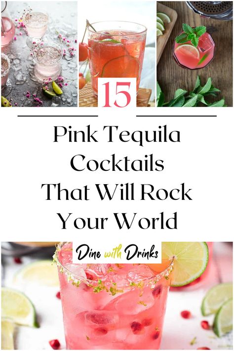 Collage of 4 pink tequila cocktails. Pink Cocktails Tequila, Galentines Cocktails Tequila, Big Batch Pink Cocktail, Pink Alcoholic Drinks For A Party Tequila, Pink Lemonade Tequila Drink, Pink Wedding Cocktails, Cute Pink Cocktails, Pink Paloma Cocktail, Cute Tequila Cocktails