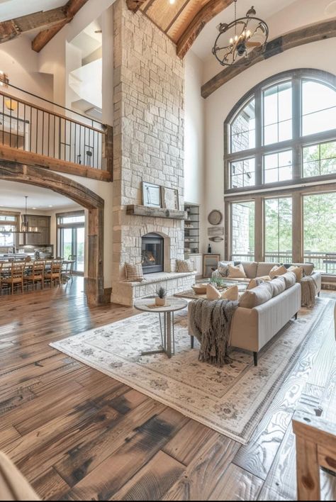 Dream House Mountains, Full Wall Windows Living Rooms, Texas Houses Interior, Farmstyle Home Decor Ideas, Ranch Style House Interior, House With Sunroom, Great Room With Big Windows, Barndominium Western, Large Great Room