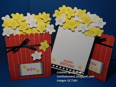 Popcorn card - holds a movie gift certificate. Super cute! Gift Cards Money, Movie Gift, Cricut Cards, Beautiful Handmade Cards, Gift Certificate, Paper Crafts Cards, Creative Cards, Gift Card Holder, Scrapbook Paper Crafts