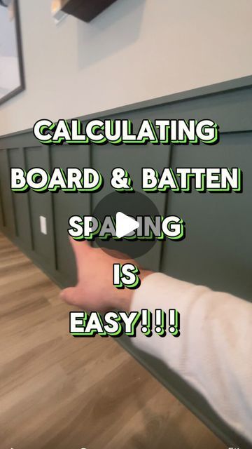 Jake From Upstate Farm on Instagram: "Easiest way to calculate board and batten spacing! #diy #homemakeover #boardandbatten #fyp #accentwall #kitchendesign #sherwinwilliams #pewtergreen #budgetdiy #howto #lifehacks #calculator @sherwinwilliams" Board And Batten Wall Living Room Decor, Board And Batten Wall Vs Shiplap, Wood And Batten Wall, Board And Batten Height Hallway, Board And Batten Spacing Calculator, Wain Scoting Wall, Small Hallway Accent Wall Ideas, Living Room Wall Remodel Ideas, Board And Batten Panels