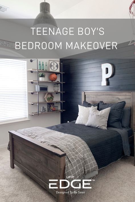 Teenage Boy's Bedroom Shiplap Makeover Avenger Room, Military Bedroom, Black Shiplap, Basketball Bedroom, Teenager Bedroom Boy, Teenage Boy Room, Boys Bedroom Makeover, Big Boy Bedrooms, Boy Bedroom Design