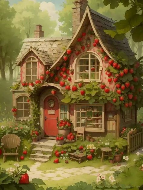 Aesthetic Small Homes Exterior, Architecture Drawing Art Buildings, Strawberry House, Cottagecore House, Fantasy Cottage, Futuristic House, Fairytale House, Popular Diy, Cottage Aesthetic