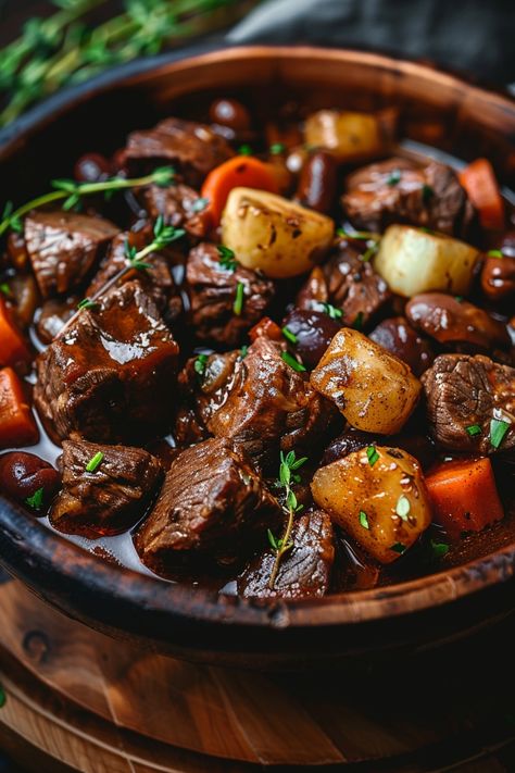 Beef stew with chunks of beef, potatoes, carrots, and herbs in a wooden bowl. Half Baked Harvest Beef Bourguignon, Beef Wine Recipes, Beouf Bourginon Julia Child, Beef Bourguignon Pioneer Woman, Beef Borginoine Julia Child, Beef And Onion Recipes, Red Wine Meals, Beef Bourguignon Side Dishes, Classic Beef Bourguignon