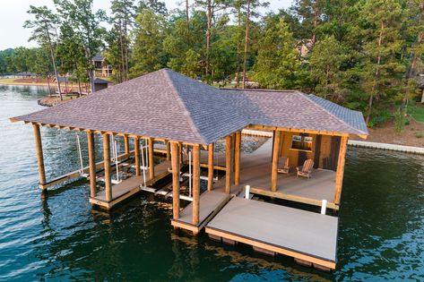 Gallery Sunrise Docks | Lake Martin's Dock Builder Boat Docks On The Lake Ideas, Boat Houses And Docks, Beach House With Dock, Covered Boat Dock Ideas, Dock House Boathouse, Boat Docks Lake Ideas, Covered Boat Dock Ideas Lakeside, Boat Docks Ideas Design, Lake Dock Designs