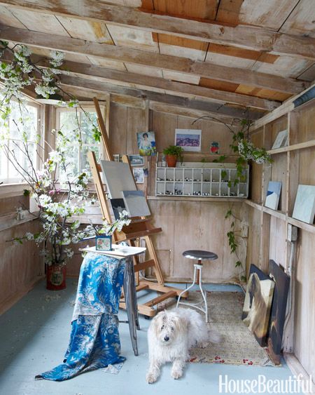 artist studio in carriage house! Colorful Los Angeles Cottage - Granny Chic Decor - House Beautiful Studio Seni, Home Art Studios, Granny Chic Decor, Ruangan Studio, Future Board, Art Shed, Studio Shed, Art Studio Space, Artist Studios