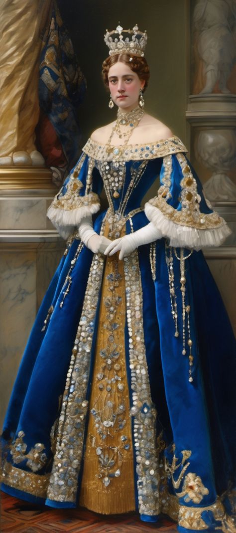 1500 Royal Dresses, Royalty Aesthetic Queen, European Royalty Fashion, Indian Royal Dress, Royalty Aesthetic Gold, Historical Dresses Victorian Ball Gowns, Russian Royalty Fashion, Victorian Portraits Painting, Queen Coronation Dress