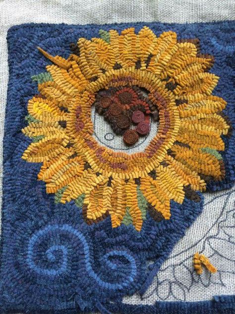 Sunflower with standing wool center Standing Wool, Turkey Hooked Rugs, Rug Hooking Sunflowers, Primitive Sunflowers, Rug Hooked Sheep, Squirrel Hooked Rug, Hooking Rugs, Hook Rugs, Rug Hooking Patterns Honey Bee Hive Rug Hooking Patterns & Supplies