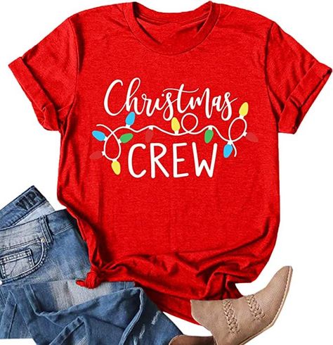 Cotton Blend tee comes in red, green, & dark gray colors available (affiliate Product) Christmas Crew Shirts, Christmas Tee Shirts, Letter Print Tee, Xmas Shirts, Tee Shirt Designs, Print Graphic, Crew Shirt, Shirts For Women, Plus Size Casual