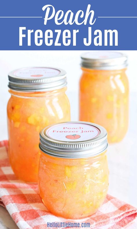 Looking for Peach Recipe Ideas? Then you’ll love this delicious Peach Freezer Jam recipe! Learn how to make the BEST Peach Freezer Jam with only 3 ingredients: fresh peaches, sugar, and pectin (Sure Jell). This Frozen Peach Jam is super simple and easy to make, plus totally fool proof … you’ll love this No Cook Recipe! This homemade Jam is the perfect way to use fresh spring and summer fruit. Includes Free Printable Label. Vegetarian, Vegan, Dairy Free, Gluten Free. | Hello Little Home Peach Jam Recipes, Peach Freezer Jam Recipe, Peach Jam Recipe Without Pectin, Peach Freezer Jam, Peach Jam Recipe, Vegan Peach, Freezer Jam Recipes, How To Peel Peaches, Peach Preserves