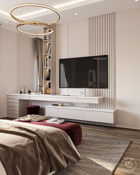 Tv Unit Design Modern With Dressing, Tv Unit Decor For Bedroom, Luxury Bedroom Master Tv Wall, Bedroom Unit Ideas, Tv And Dressing Unit, Master Bedrooms With Tv On Wall, Dressing Unit With Tv Unit, Bedroom Tv Units Modern, Main Bedroom Tv Wall Ideas