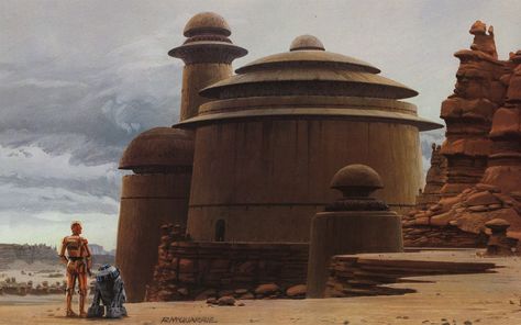 Download wallpaper Star wars, Tatooine, Ralph McQuarrie’s illustration, C-3PO and R2-D2 approach Jabba the Hutt’s palace, the Jabba's Palace, C-3PO and R2-D2, the Palace of Jabba the Hutt, section fantasy in resolution 1920x1200