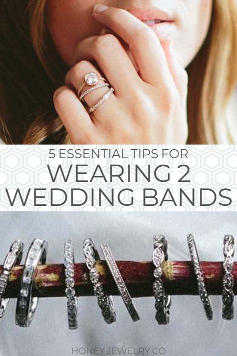 5 Essential Tips for Wearing Two Wedding Rings with an Engagement Ring. Wedding band tips and tricks. #wedding #jewelry #rings How To Stack Wedding Rings, Double Wedding Band With Engagement Ring, Mismatched Wedding Bands, 2 Wedding Bands, Asymmetrical Engagement Ring, A Promise Ring, Thick Wedding Bands, Double Wedding Bands, Stacked Engagement Ring