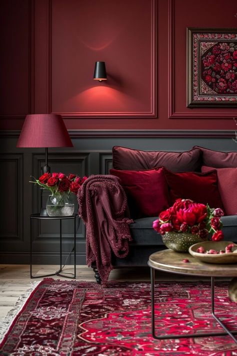 Opulent Dark Grey and Maroon Grey Wall Interior Design, Dark Wall Colors For Living Room, Maroon Walls Living Room, Grey Walls Interior, Maroon Living Room Ideas, Color Combinations Interior Design, Dark Luxury House, Maroon Room, Maroon Living Room