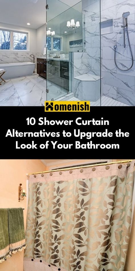 There are greener and healthier alternatives that can last just as long – or even longer – than traditional vinyl curtains. Here is a list of 10 shower curtain alternatives that will improve the look and feel of your bathroom. Tub Shower Curtain Alternative, Shower Curtain Alternatives, Shower Curtain Vs Glass Door, Tall Shower Curtain Ideas Bathroom, Shower Curtain Alternative Ideas, Using Curtains As Shower Curtains, Shower Curtain Hacks, Bathrooms With Shower Curtains, Long Shower Curtain Ideas