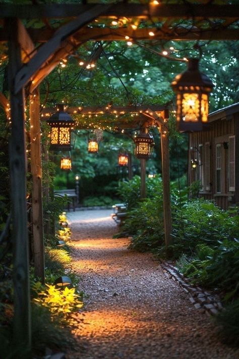 Dreamy Backyard Landscaping, Beautiful Yards Landscaping, Front Yard Garden Design Ideas, Garden Lanterns Ideas, Backyard Set Up, Reading Patio, Outdoor Reading Space, Landscape Ideas For Backyard, House Design Garden