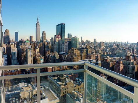 NYC Balcony view - Act II - perhaps the party takes place on the balcony of the family's penthouse apartment, showing NYC buildings around it Balcony View, Apartment View, New York City Apartment, Apartment Patio, Apartment Balcony, Nyc Apartment, Balcony Ideas, Apartment Balconies, Cool Apartments