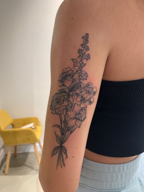 Wildflower Cluster Tattoo, Placement Of Flower Tattoo, Puzzle Piece Flower Tattoo, Large Bouquet Tattoo, Flower Bouquet Tattoo Upper Arm, Birth Flower Tattoos Shoulder, Large Flower Bouquet Tattoo, Flower Bouquet Tattoo Sleeve, Mixed Flower Bouquet Tattoo