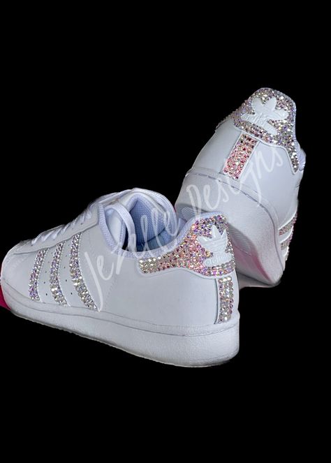 Blinged Out Sneakers, Diy Rhinestone Shoes, Jeweled Sneakers, Custom Adidas Superstar, Bedazzling Ideas, Bejeweled Shoes, Vegas Instagram, Rhinestone Sneakers, Embellished Sneakers