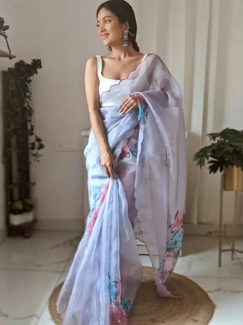 Digital Print Daily Wear Organza Saree (Light Blue) Party Wear For Women, Designer Sarees Wedding, Saree Painting, Crepe Silk Sarees, White Saree, Wedding Saree Indian, Art Silk Sarees, Printed Saree, Wedding Saree