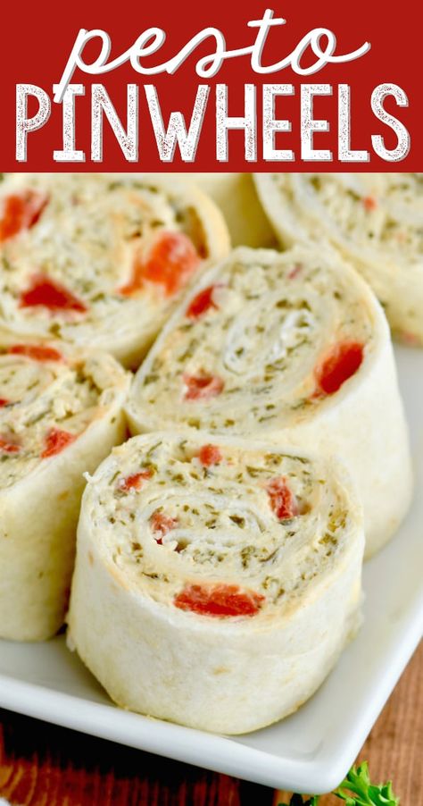 A closeup photo of the Pesto Cream Cheese Pinwheels on a white plate Pesto Pinwheels, Pesto Cream Cheese, Horderves Appetizers, Cream Cheese Pinwheels, Cheese Pinwheels, Pinwheel Appetizers, Pinwheel Recipes, Perfect Appetizers, Yummy Appetizers