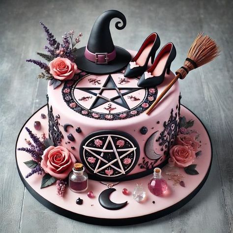 Wiccan Desserts, Witch Theme Cake, Witchy Cake Ideas, Witch Cake Birthdays, Halloween Birthday Cakes For Women, Old Cake Design, Halloween Birthday Cakes For Adults, Pastel Goth Party, Witchy Birthday Cake