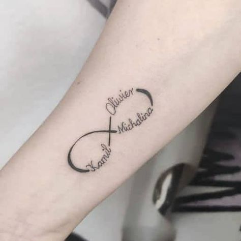 Names In One Bond 1 Infinity Tattoo With 3 Names, Mothers Name Tattoo, Mothers Name Tattoo Ideas, 3 Kids Names Tattoos For Women, Infinity Tattoo With Kids Names, 3 Names Tattoo Ideas, Mother Of Two Tattoo, Infinity Tattoo For Men, Grandkids Tattoo Ideas