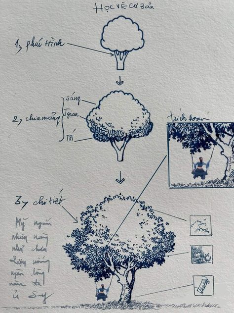 Trees Landscape Architecture, Expedition Drawing Ideas, Sketchbook Ideas Landscape, Architecture Tree Sketch, Perspective Drawing Landscape, Tree Sketches Simple, How To Draw A Tree Step By Step Easy, Tree Illustration Simple, Manga Tree