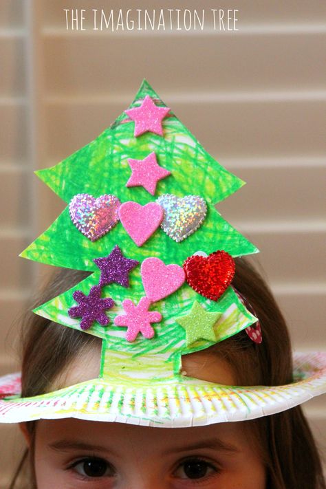 Paper plate Christmas tree hat Sheep Decorations, Paper Plate Christmas Tree, Santa Hat Crafts, Diy Christmas Hats, Plate Christmas Tree, Tree Hat, Imagination Tree, Christmas Tree Hat, Christmas Paper Plates