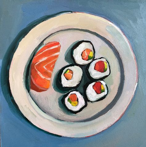 Plate Of Food Painting, Sushi Painting Acrylic, Food Gouache Painting, Sushi Art Drawing, Food Acrylic Painting, Food Painting Acrylic, Sushi Painting, Lunch Drawing, Plate Drawing