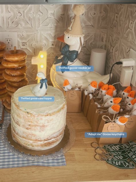 One Silly Goose themed Birthday party. Thrifted majority of the goose ... | TikTok Thrift Store Birthday Party Theme, One Silly Goose Photoshoot, Gender Neutral 2nd Birthday Party, Silly Goose Party Theme, One Silly Goose Birthday Cookies, Silly Goose Cake, One Silly Goose Cookies, One Silly Goose Birthday Party Girl, One Silly Goose Birthday Party Boy