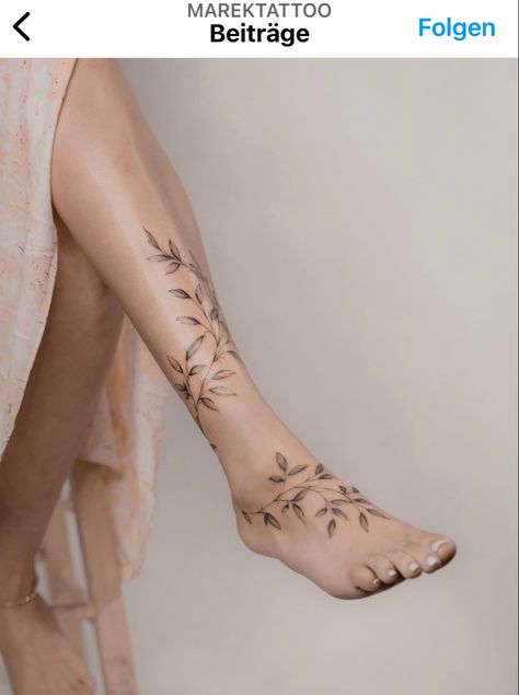 Branch Ring Tattoo, Leafs Around Ankle Tattoo, Vine Tattoos For Women Ribs, Plant Ankle Wrap Tattoo, Leafy Ankle Tattoo, Flower Vine Wrapped Around Leg Tattoo, Botanical Ankle Wrap Tattoo, Plant Tatoos Leg, Vines Around Ankle Tattoo