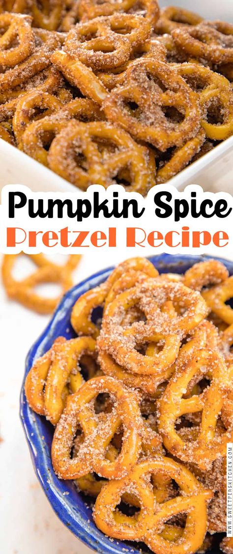 Fall Festival Sweet Treats, Pumpkin Spice Pretzels Recipe, Pumpkin Snack Mix Recipes, Halloween Desserts Pretzels, Easy Fall Themed Snacks, Fall Treats Savory, Apple Pie Pretzels, Pumpkin Spice Pretzels, Pumpkin Theme Snacks