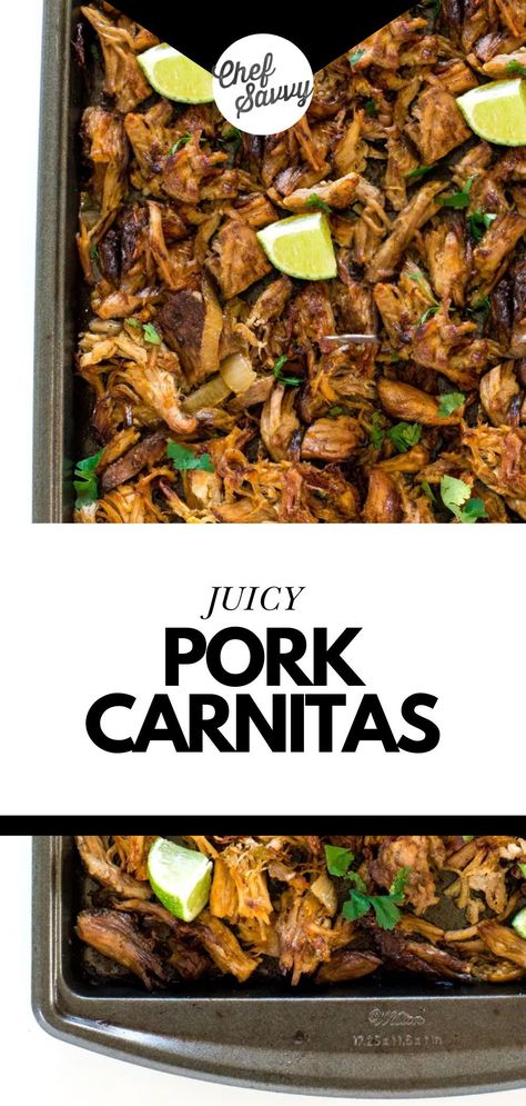 Save this recipe for the Best Easy Slow Cooker Mexican Pork Carnitas. Slow Cooker Pork Carnitas are cooked low and slow for 8 hours until fall-apart tender. Then they get broiled in the oven until perfectly crispy on the outside! They are amazing in tacos, burritos, salads, and quesadillas. Follow Chef Savvy for more easy Mexican Recipes! Slow Cooker Pork Mexican, How To Make Carnitas Mexican Recipes, Mexican Pork Crockpot, Pork Carnitas Marinade, Pork Tacos Mexican, Carnitas Oven, Crockpot Carnitas Recipes, Juicy Pork Recipes, Mexican Pork Carnitas